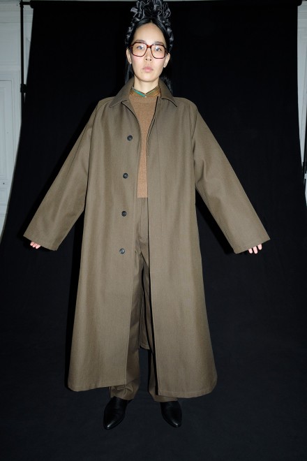 Japanese wool and cotton oversized trench with leather patch Japanese wool and cotton oversized trench with leather patch